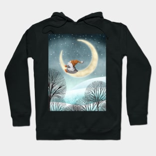 Scandinavian gnome and moon winter watercolor fantasy illustration. Swedish cute gnome in snow night forest. Hoodie